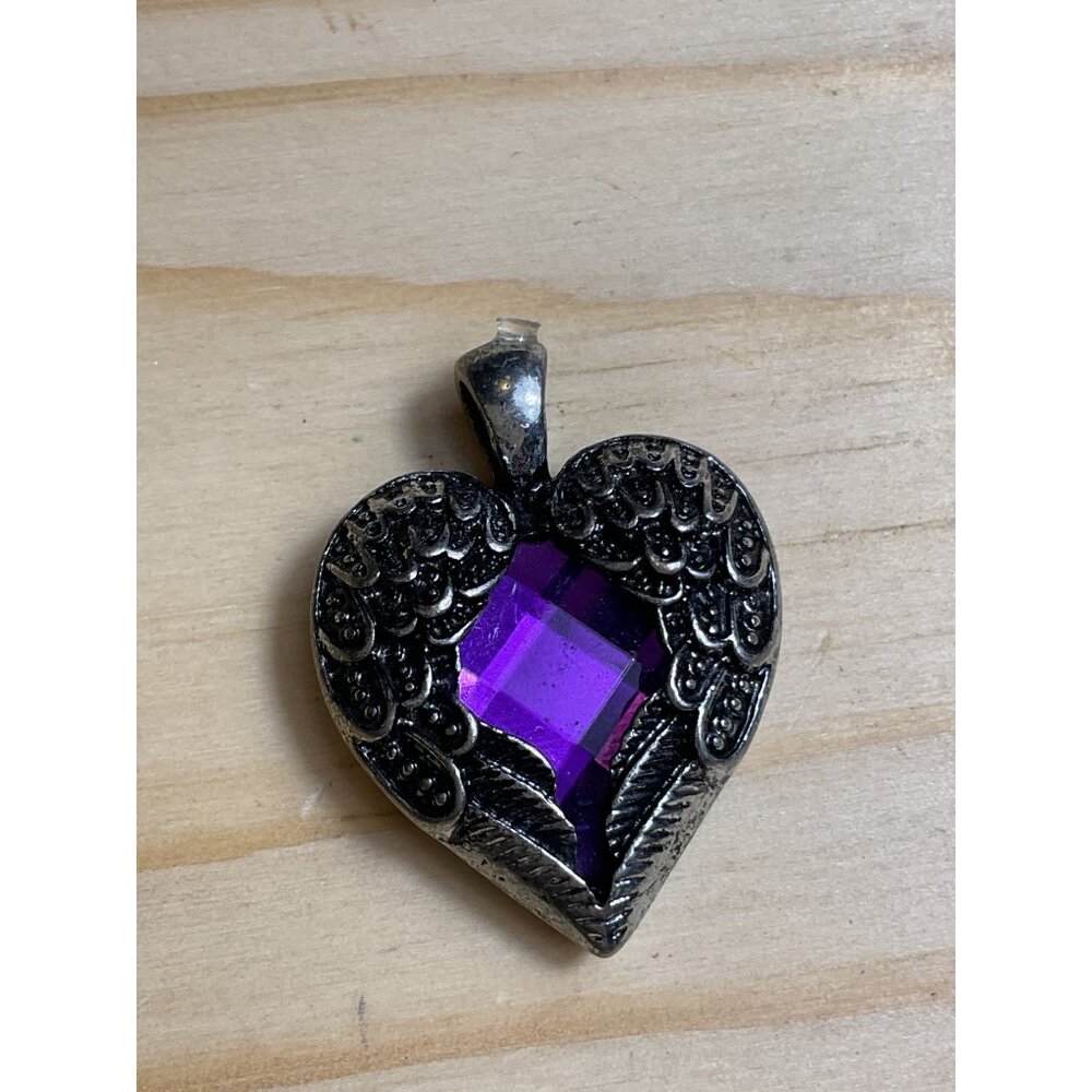 Gothic Silver Heart Pendant With Purple Gemstone & Wing Detail